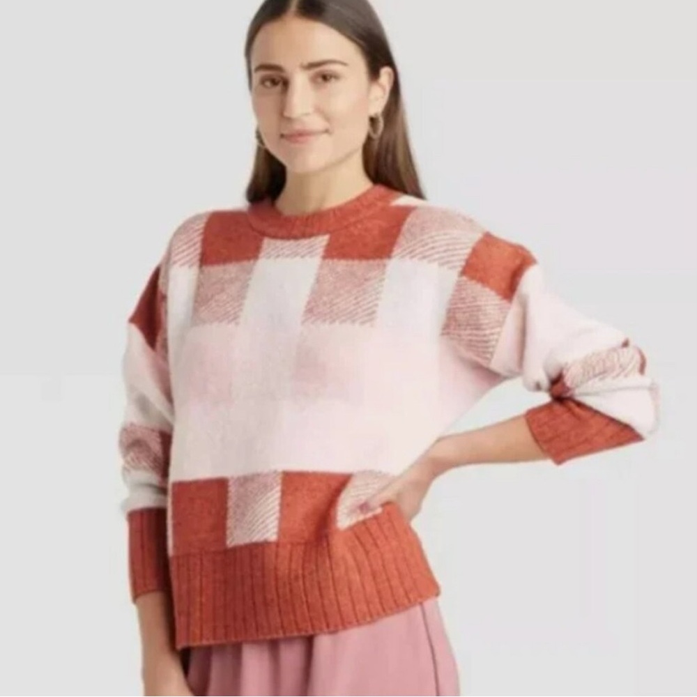 A New Day orange, pink & white checkered sweater
